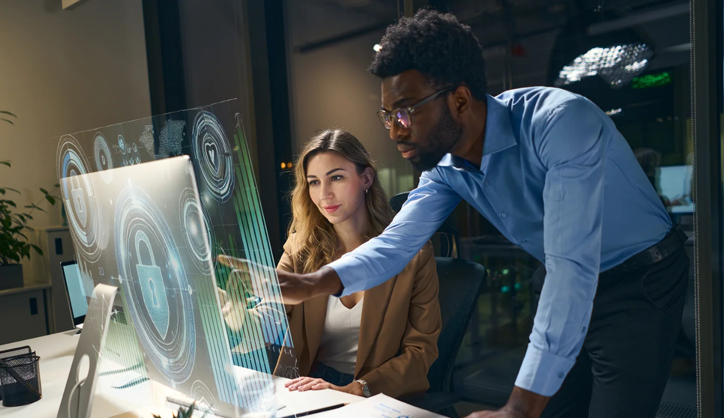 Cybersecurity team analyzing digital security data