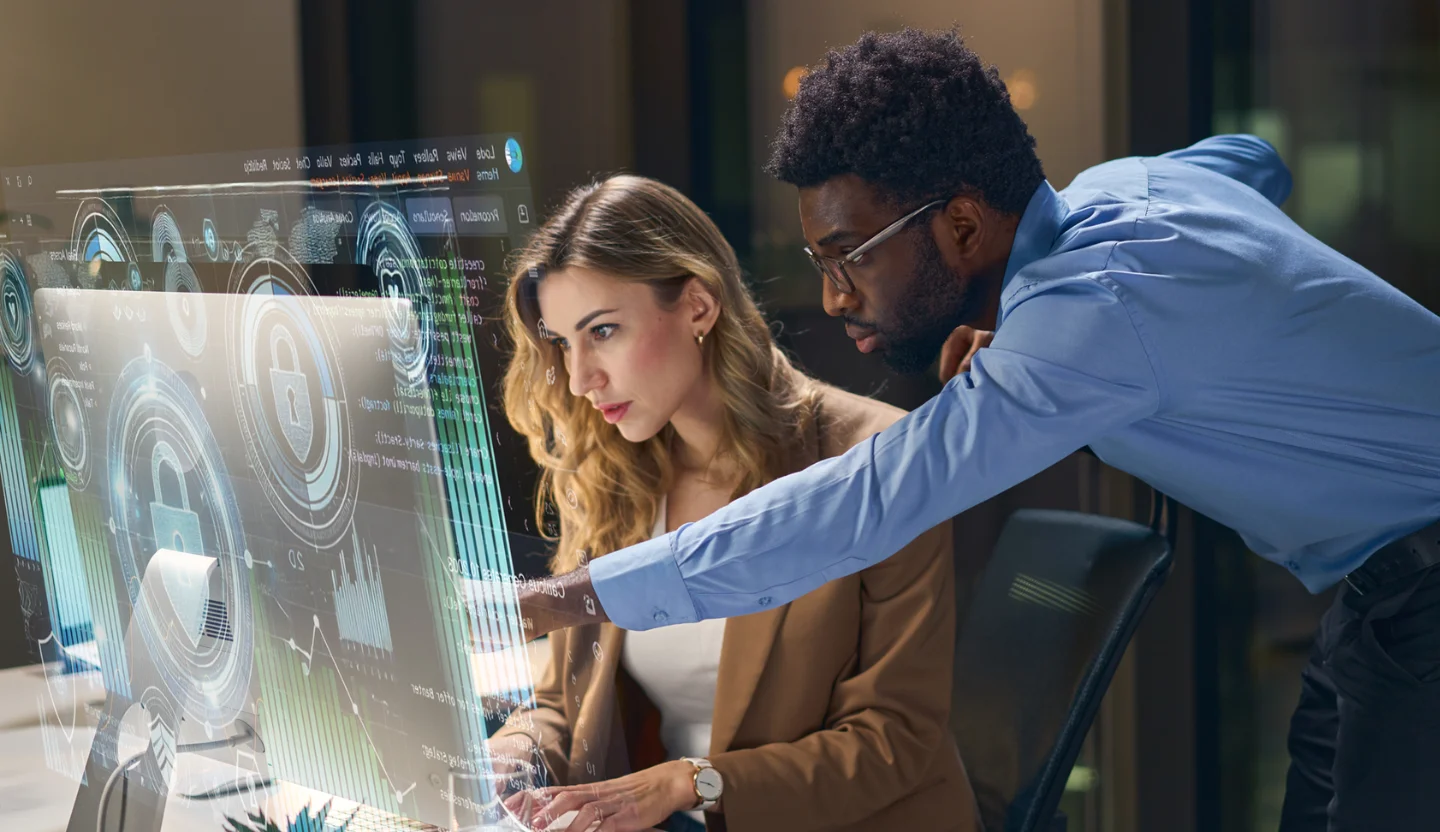 Cybersecurity experts reviewing digital security data
