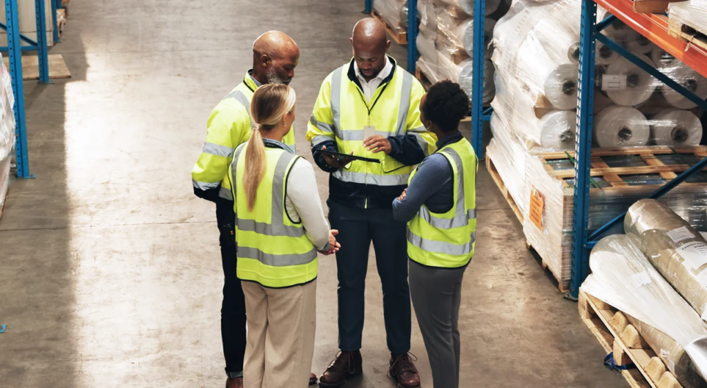 Team discussing warehouse operations