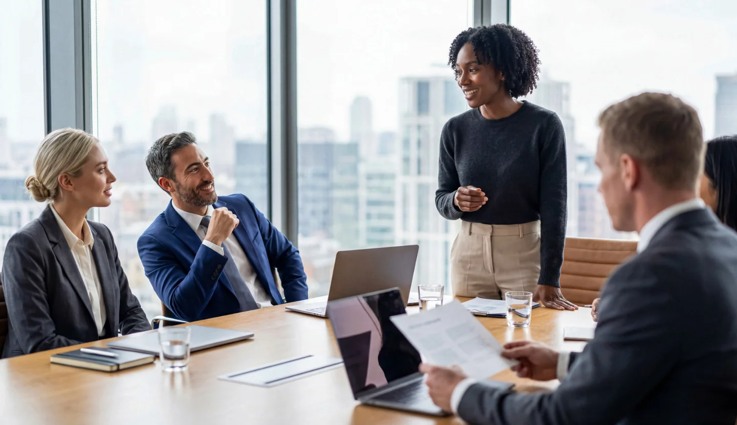 One office worker standing at the head of a conference table while four seated coworkers look on