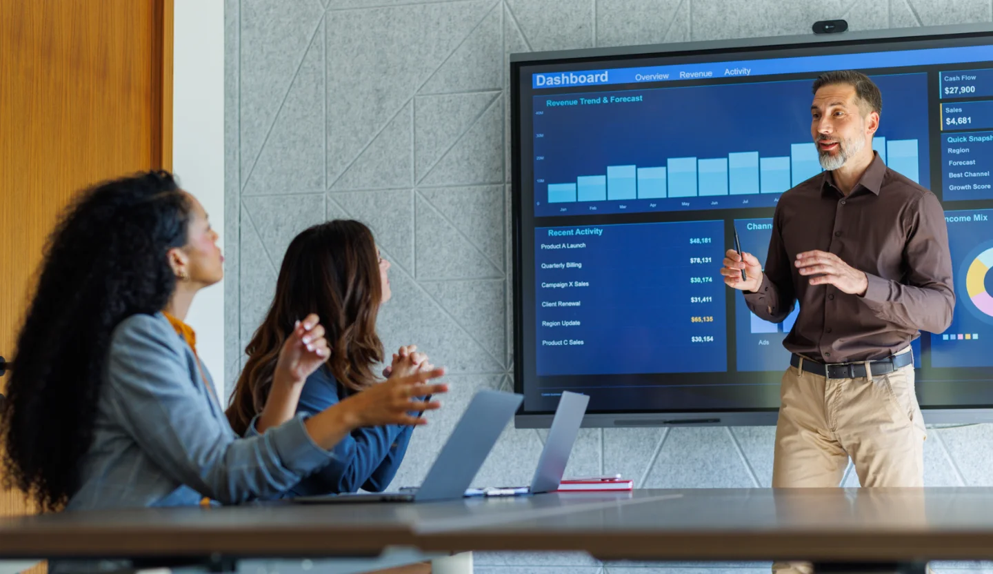 An office worker stands in front a screen featuring a graph while two colleagues sit at a table